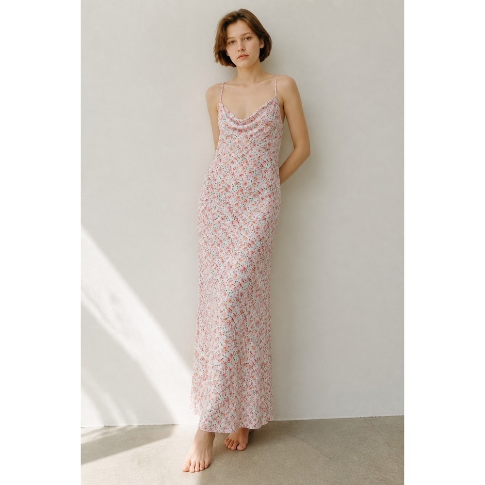 SHEIN Women Pink Floral Cowl Neck Maxi Slip Dress Open Back Size M US 6